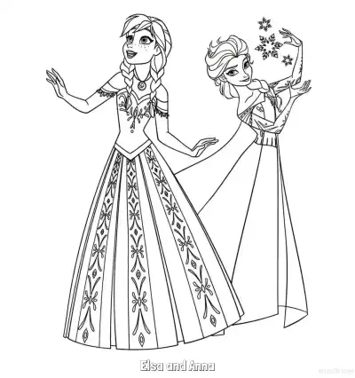 Free printable Elsa Creating Snowflakes Anna Dancing Coloring Page coloring page