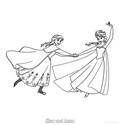 Free printable Elsa and Anna Ice Skating Coloring Page coloring page