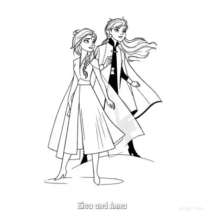 Free printable Elsa and Anna Walking Outdoors Coloring Page coloring page