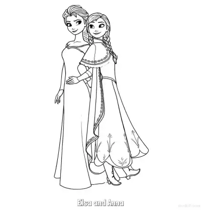 Free printable Elsa and Anna Hugging Sketch Coloring Page coloring page