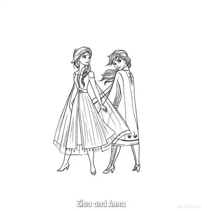 Free printable Elsa and Anna Holding Hands Turning Coloring Page coloring page