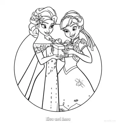 Free printable Elsa and Anna Exchanging Gifts Coloring Page coloring page