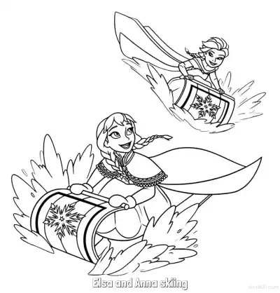 Free printable Elsa and Anna Skiing Adventure Coloring Page coloring page