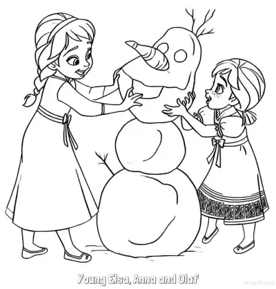 Free printable Young Elsa Anna Building Olaf Coloring Page coloring page