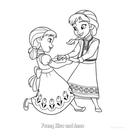 Free printable Young Elsa and Anna Dancing Coloring Page coloring page