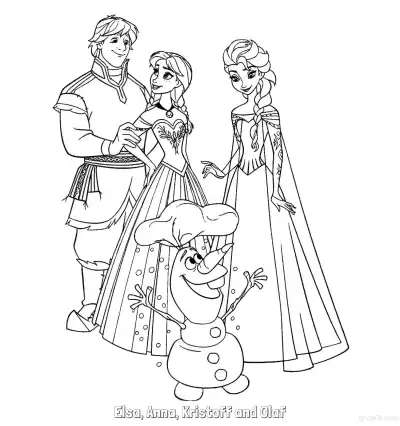 Free printable Elsa Anna Kristoff and Olaf Family Portrait Coloring Page coloring page