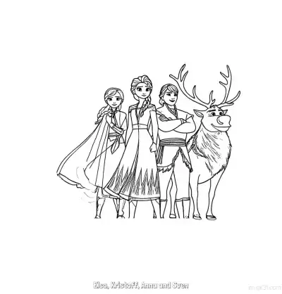 Free printable Frozen Cast Elsa Kristoff Anna Sven Coloring Page coloring page