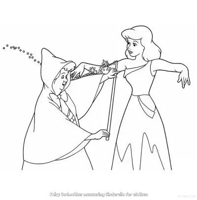 Free printable Fairy Godmother Measuring Cinderella for Dress Coloring Page coloring page