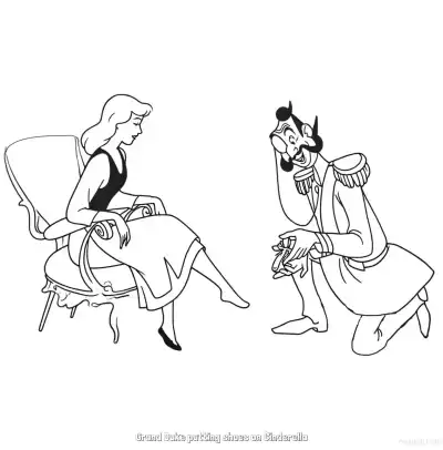 Free printable Grand Duke Trying Glass Slipper on Cinderella Coloring Page coloring page