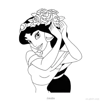 Free printable Princess Jasmine Wearing Flower Crown Coloring Page coloring page