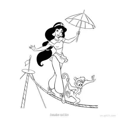Free printable Jasmine Balancing on Tightrope with Abu Coloring Page coloring page