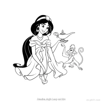 Free printable Jasmine with Magic Lamp and Abu Coloring Page coloring page