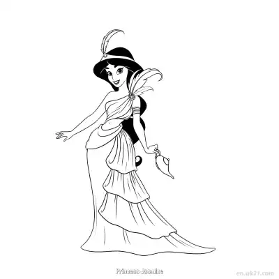 Free printable Princess Jasmine in Elegant Gown Coloring Page coloring page