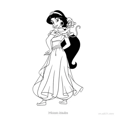 Free printable Princess Jasmine Carrying Abu Smiling Back Coloring Page coloring page