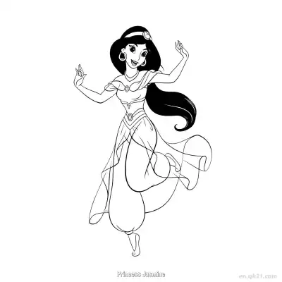 Free printable Princess Jasmine Dancing with One Leg Raised Coloring Page coloring page