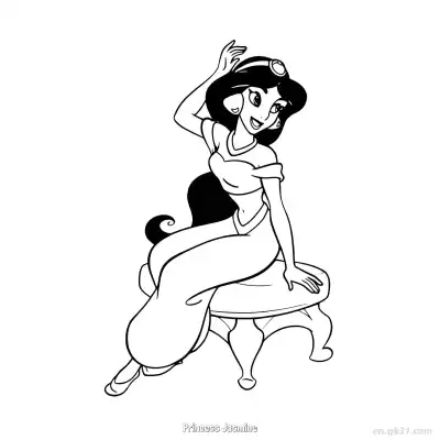 Free printable Princess Jasmine Sitting on Stool with One Hand Raised Coloring Page coloring page