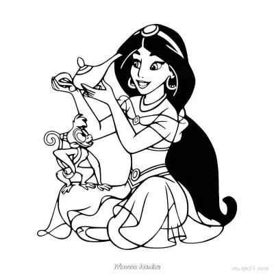 Free printable Princess Jasmine Kneeling with Lamp Abu Watching Coloring Page coloring page