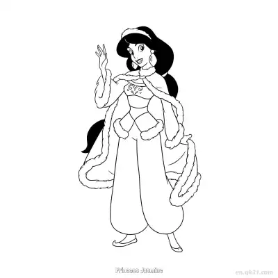 Free printable Princess Jasmine Winter Outfit with Fur Cape Coloring Page coloring page