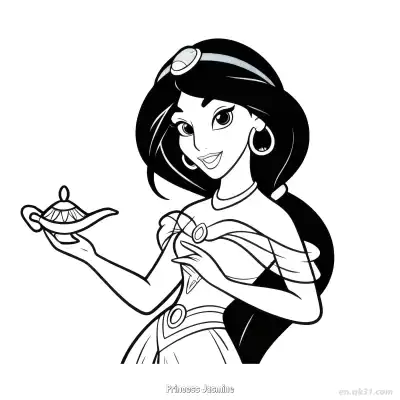Free printable Princess Jasmine Holding Magic Lamp Smiling Coloring Page coloring page