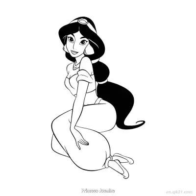 Free printable Princess Jasmine Sitting Sideways Looking Back Smiling Coloring Page coloring page