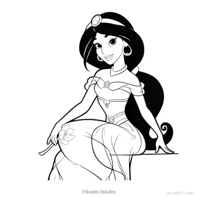 Free printable Princess Jasmine Holding a Flower Sitting Elegantly Coloring Page coloring page