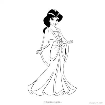 Free printable Princess Jasmine in Ornate Evening Gown Coloring Page coloring page