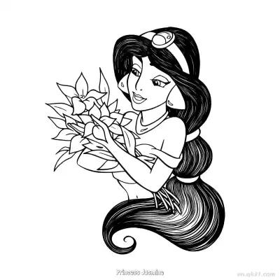 Free printable Princess Jasmine Holding a Bouquet of Flowers Coloring Page coloring page