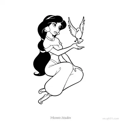 Free printable Princess Jasmine Interacting with a Dove Coloring Page coloring page