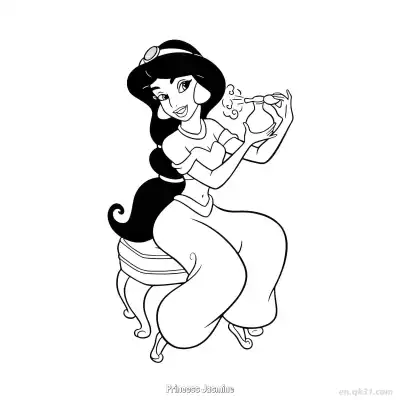 Free printable Princess Jasmine Sitting on Stool Mixing Perfume Coloring Page coloring page