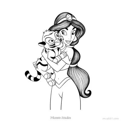 Free printable Princess Jasmine Holding a Baby Tiger Coloring Page coloring page