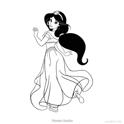 Free printable Princess Jasmine Looking Back and Waving Coloring Page coloring page