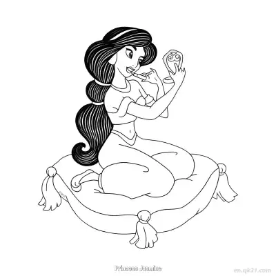 Free printable Princess Jasmine Kneeling on Cushion Fixing Makeup Coloring Page coloring page