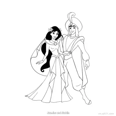 Free printable Aladdin and Princess Jasmine Holding Hands Sweetly Coloring Page coloring page