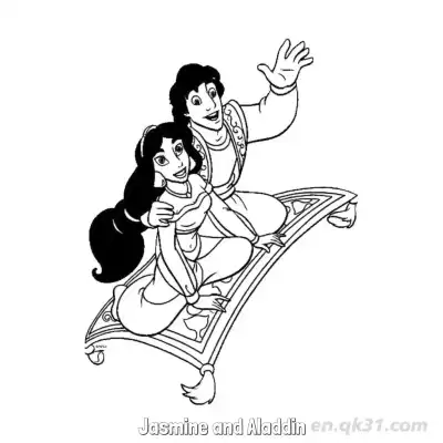 Free printable Aladdin and Princess Jasmine Riding Magic Carpet Coloring Page coloring page