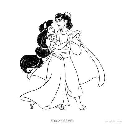 Free printable Aladdin and Jasmine Dancing Together Coloring Page coloring page
