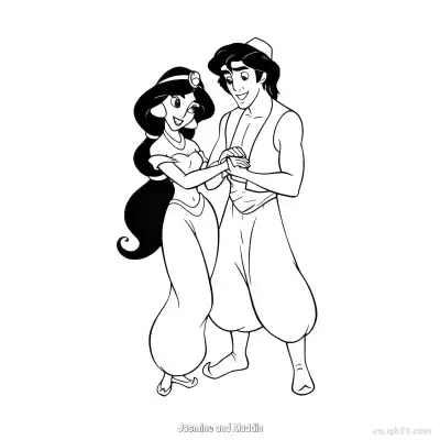 Free printable Aladdin and Princess Jasmine Walking Arm in Arm Coloring Page coloring page