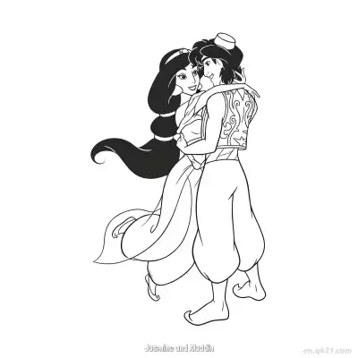 Free printable Aladdin and Princess Jasmine Romantic Hug Coloring Page coloring page