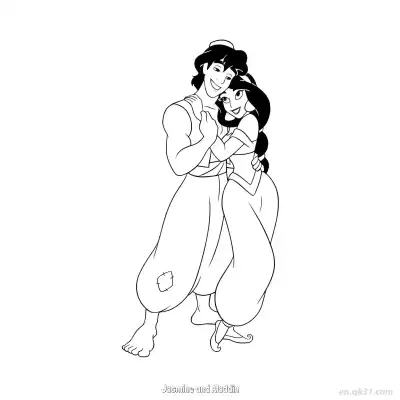 Free printable Aladdin and Jasmine Hand-in-Hand Heartfelt Embrace Coloring Page coloring page