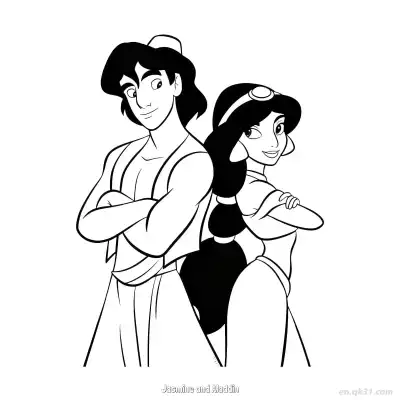 Free printable Aladdin and Princess Jasmine Back to Back Coloring Page coloring page
