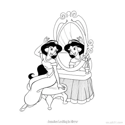 Free printable Princess Jasmine Looking in the Mirror While Fixing Hair Coloring Page coloring page