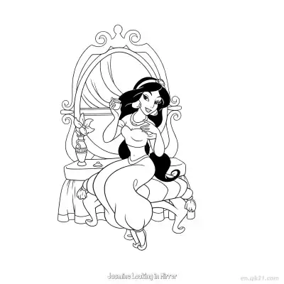 Free printable Princess Jasmine Using the Mirror to Fix Her Makeup Coloring Page coloring page