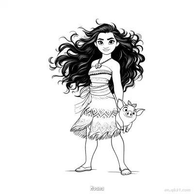 Free printable Moana Holding Pua the Pig Coloring Page coloring page