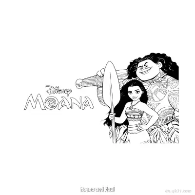 Free printable Moana and Maui with Oar and Fishhook Coloring Page coloring page