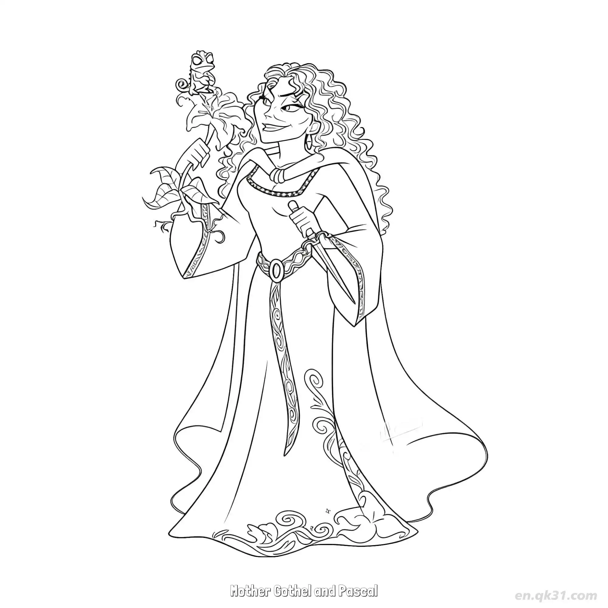 Mother Gothel and Pascal with Flower Coloring Page – Free Printable Coloring Page for Kids and Adults