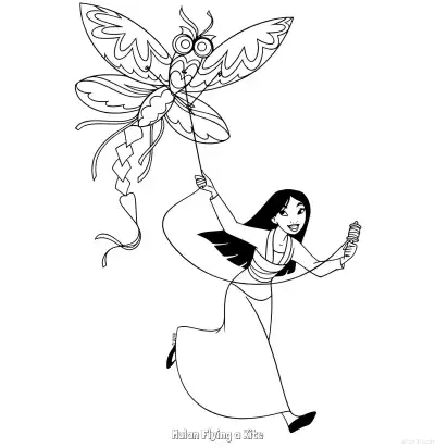 Free printable Mulan Flying a Kite  Coloring Page - Free Printable Mulan PDFS Coloring Sheets coloring page