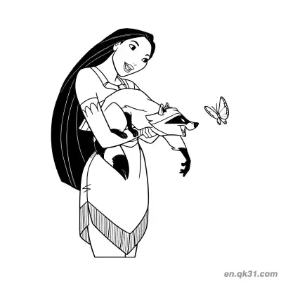 Free printable Pocahontas with Raccoon and Butterfly coloring page