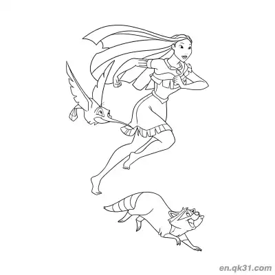 Free printable Pocahontas Running with Forest Animals coloring page
