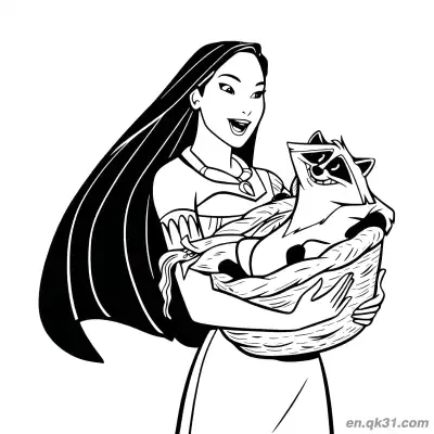Free printable Pocahontas with Raccoon Basket coloring page