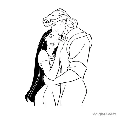 Free printable Pocahontas and John Smith Embrace coloring page