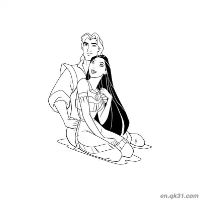 Free printable Pocahontas and John Smith Sitting Close coloring page